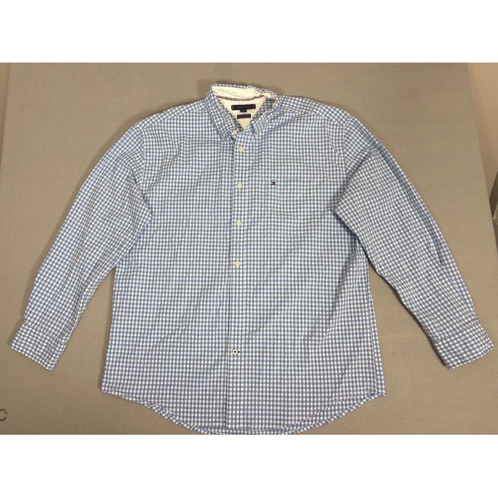 Tommy‎ Hilfiger Mens XL Gingham Button Down Shirt Blue White Classic Fit Stretch